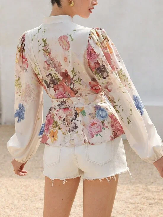 Multicolor Boho Women's Floral Stand-Up Collar Button-Down Long Sleeve Blouse - Picture 2 of 6